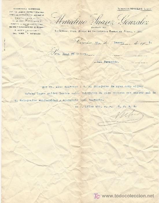 Cartas comerciales: CORU&Ntilde;A 16 DE ENERO DE 1905 . CARTA COMERCIAL MARCELINO SUAREZ GONZALEZ