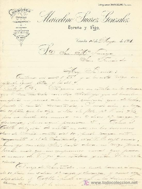 Lettres commerciales: CORU&Ntilde;A 13 DE MAYO DE 1901 . CARTA COMERCIAL MARCELINO SUAREZ GONZALEZ