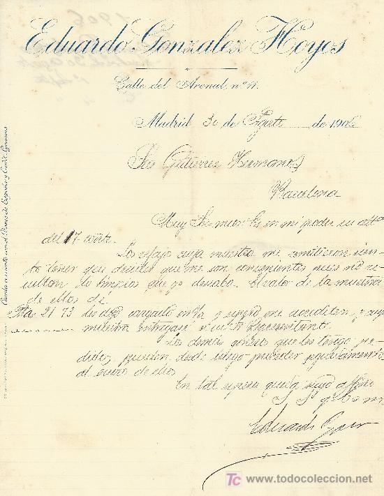 Lettres commerciales: MADRID 30 DE AGOSTO DE 1906. CARTA COMERCIAL EDUARDO GONZALEZ HOYOS CALLE DEL ARENAL N&ordm;11