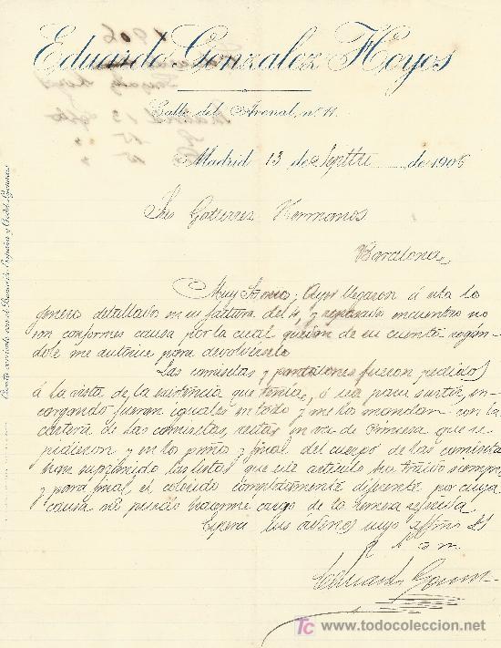 Lettres commerciales: MADRID 13 DE SEPTIEMBRE DE 1906. CARTA COMERCIAL EDUARDO GONZALEZ HOYOS CALLE DEL ARENAL N&ordm;11