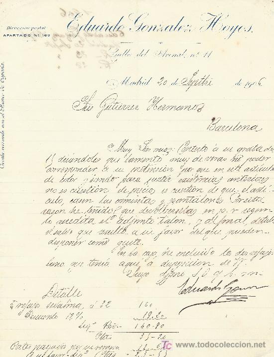 Lettres commerciales: MADRID 20 DE SEPTIEMBRE DE 1906. CARTA COMERCIAL EDUARDO GONZALEZ HOYOS CALLE DEL ARENAL N&ordm;11