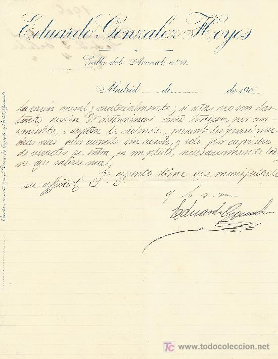 Lettres commerciales: MADRID 2 DE OCTUBRE DE 1906. CARTA COMERCIAL EDUARDO GONZALEZ HOYOS CALLE DEL ARENAL N&ordm;11