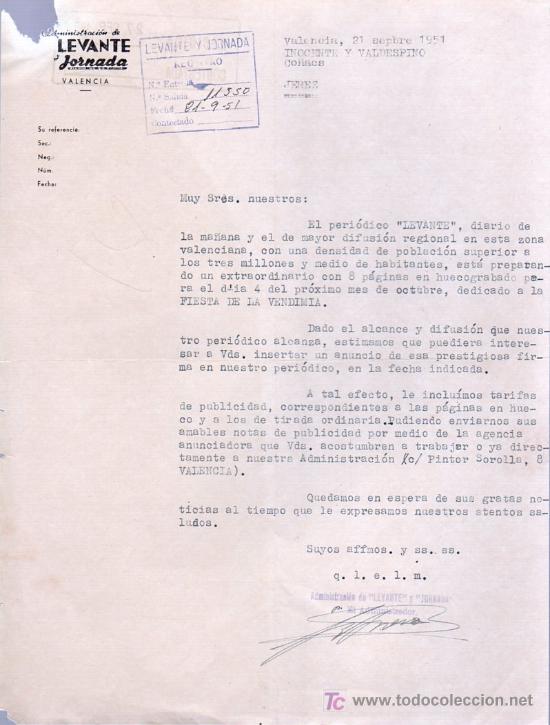 Commercial Letters: CARTA COMERCIAL. LEVANTE Y JORNADA. VALENCIA. 1951. INOCENTE Y VALDESPINO. CO&Ntilde;ACS.