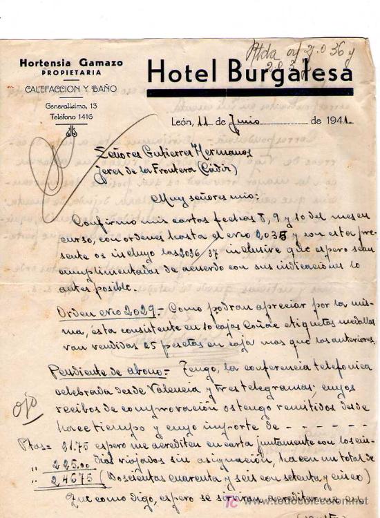 Cartas comerciais: LEON. 1941. CARTA COMERCIAL DE HOTEL BURGALESA. HORTENSIA GAMAZO.
