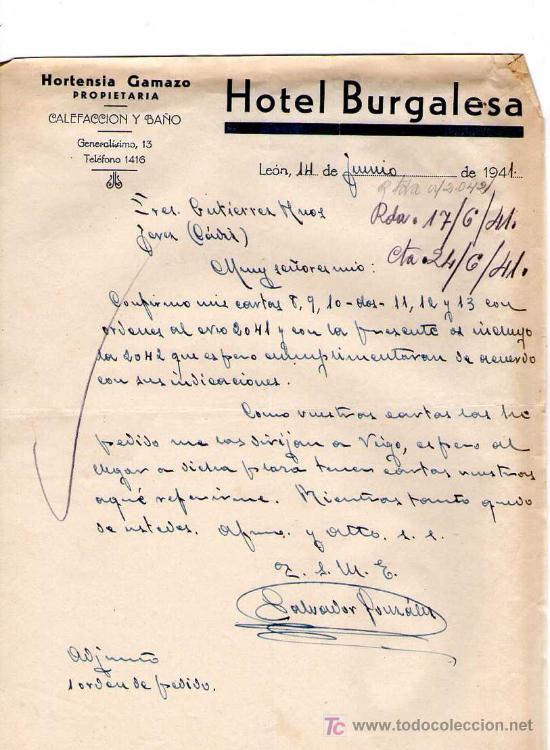 Cartas comerciais: LEON. 1941. CARTA COMERCIAL DE HOTEL BURGALESA. HORTENSIA GAMAZO.