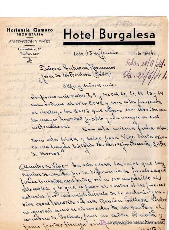 Cartas comerciais: LEON. 1941. CARTA COMERCIAL DE HOTEL BURGALESA. HORTENSIA GAMAZO.