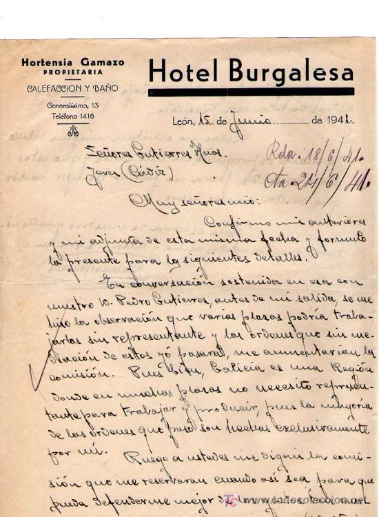 Cartas comerciais: LEON. 1941. CARTA COMERCIAL DE HOTEL BURGALESA. HORTENSIA GAMAZO.