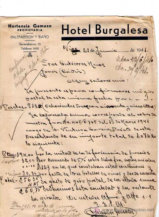 Cartas comerciais: LEON. 1941. CARTA COMERCIAL DE HOTEL BURGALESA. HORTENSIA GAMAZO.