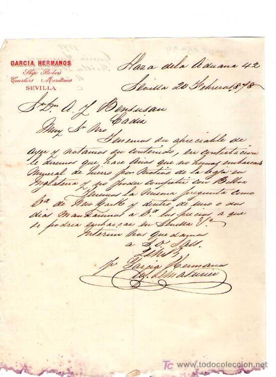 Cartas comerciais: SEVILLA. 1878. CARTA COMERCIAL DE COMERCIALES MARITIMOS. GARCIA HERMANOS.