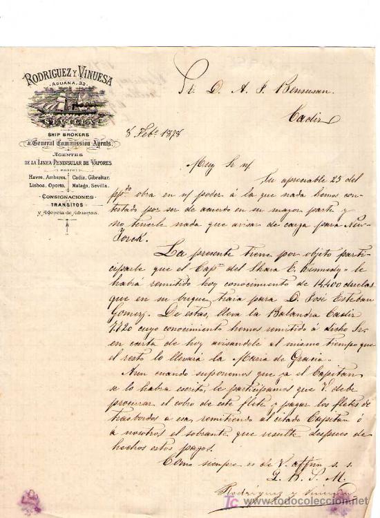 Cartas comerciais: SEVILLA. 1878. CARTA COMERCIAL DE AGENTES DE LA LINEA PENINSULAR DE VAPORES. RODRIGUEZ Y VINUESA.