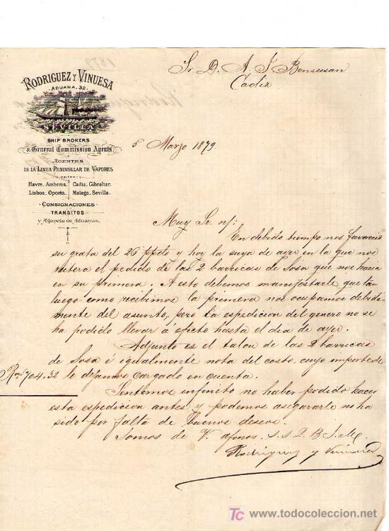 Cartas comerciais: SEVILLA. 1879. CARTA COMERCIAL DE AGENTES DE LA LINEA PENINSULAR DE VAPORES. RODRIGUEZ Y VINUESA.