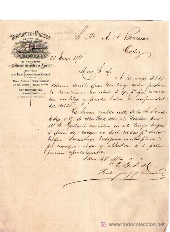 Cartas comerciais: SEVILLA. 1878. CARTA COMERCIAL DE AGENTES DE LA LINEA PENINSULAR DE VAPORES. RODRIGUEZ Y VINUESA.