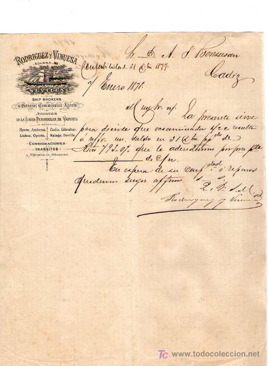 Cartas comerciais: SEVILLA. 1878. CARTA COMERCIAL DE AGENTES DE LA LINEA PENINSULAR DE VAPORES. RODRIGUEZ Y VINUESA.