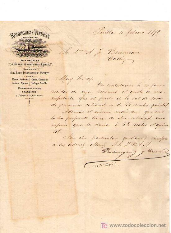 Cartas comerciais: SEVILLA. 1879. CARTA COMERCIAL DE AGENTES DE LA LINEA PENINSULAR DE VAPORES. RODRIGUEZ Y VINUESA.
