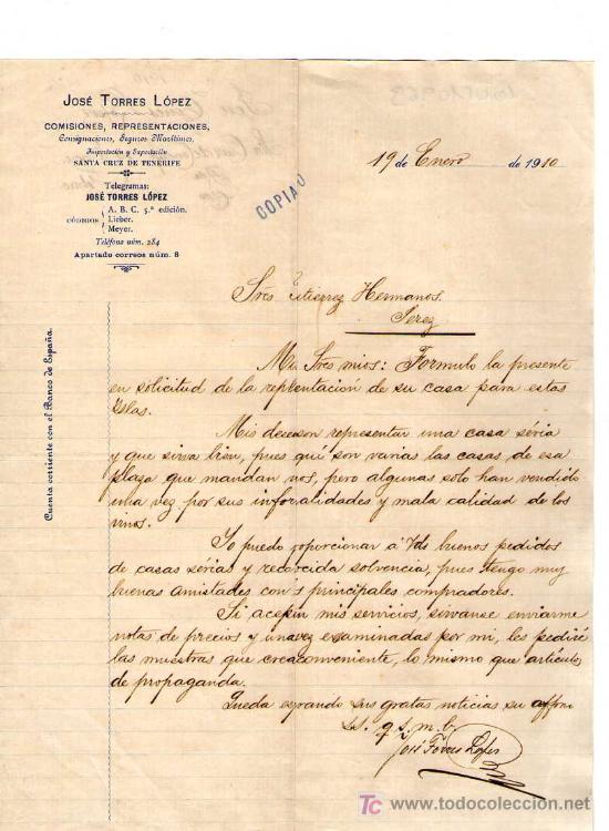 Commercial Letters: SANTA CRUZ DE TENERIFE. 1910. CARTA COMERCIAL DE COMISIONES Y REPRESENTACIONES. JOSE TORRES LOPEZ.