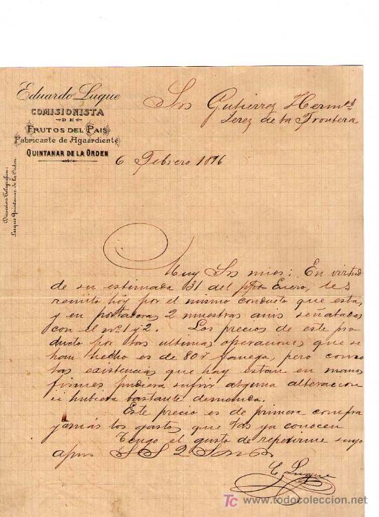 Commercial Letters: QUINTANAR DE LA ORDEN. 1896. CARTA COMERCIAL DE FABRICANTE DE AGUARDIENTE. EDUARDO LUQUE.