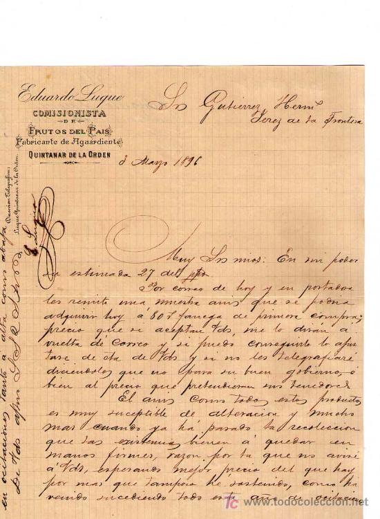 Commercial Letters: QUINTANAR DE LA ORDEN. 1896. CARTA COMERCIAL DE FABRICANTE DE AGUARDIENTE. EDUARDO LUQUE.