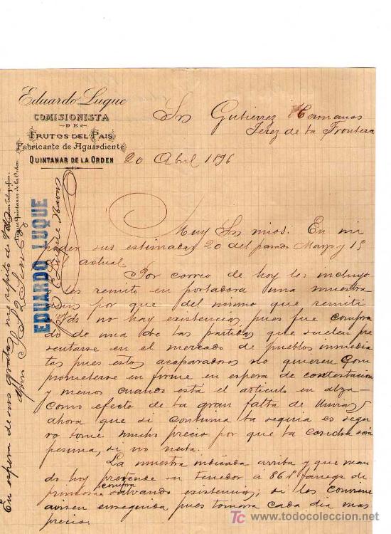 Commercial Letters: QUINTANAR DE LA ORDEN. 1896. CARTA COMERCIAL DE FABRICANTE DE AGUARDIENTE. EDUARDO LUQUE.