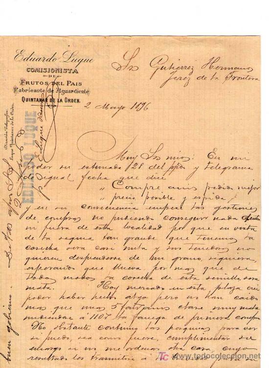Commercial Letters: QUINTANAR DE LA ORDEN. 1896. CARTA COMERCIAL DE FABRICANTE DE AGUARDIENTE. EDUARDO LUQUE.