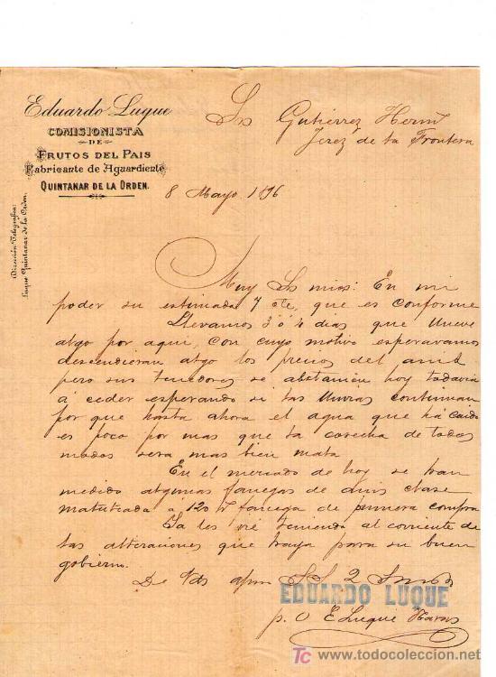 Commercial Letters: QUINTANAR DE LA ORDEN. 1896. CARTA COMERCIAL DE FABRICANTE DE AGUARDIENTE. EDUARDO LUQUE.