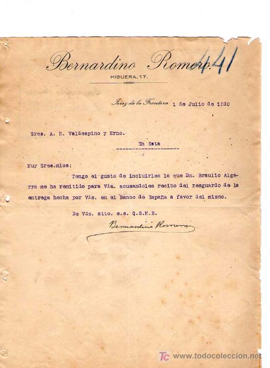 Commercial Letters: JEREZ DE LA FRONTERA ( CADIZ). 1920. CARTA COMERCIAL DE BERNARDINO ROMERO.