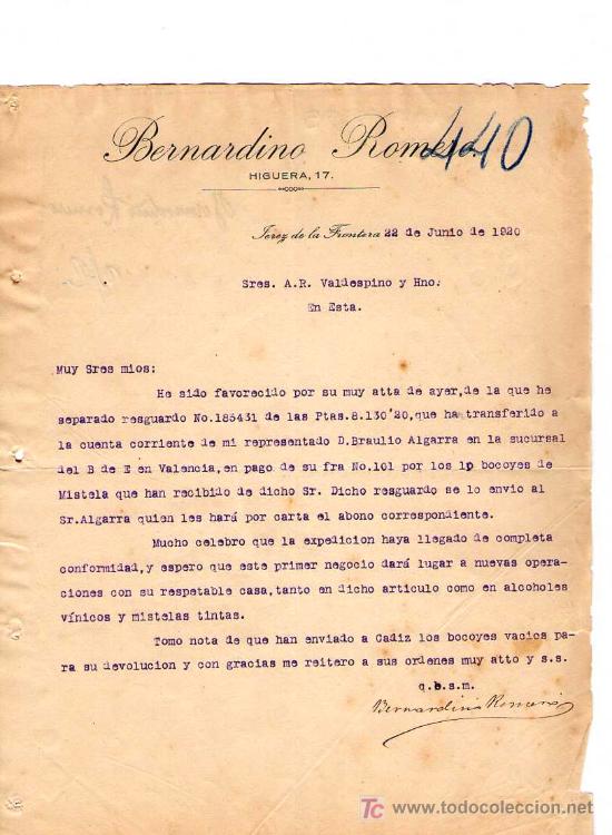 Commercial Letters: JEREZ DE LA FRONTERA ( CADIZ). 1920. CARTA COMERCIAL DE BERNARDINO ROMERO.
