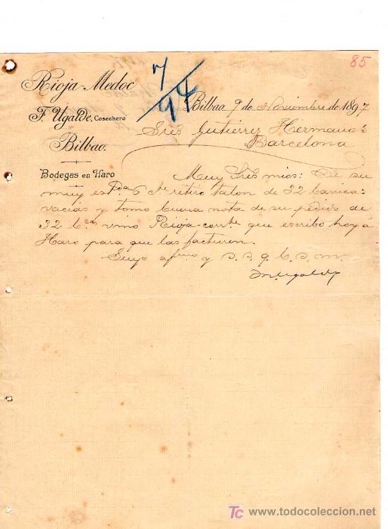 Cartas comerciales: BILBAO. 1897. CARTA COMERCIAL DE BODEGAS EN HARO. F. UGALDE, COSECHERO. RIOJA MEDOC.