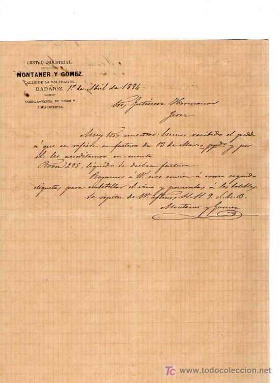 Cartas comerciales: BADAJOZ. 1884. CARTA COMERCIAL DE CENTRO INDUSTRIAL. MONTANER Y GOMEZ.
