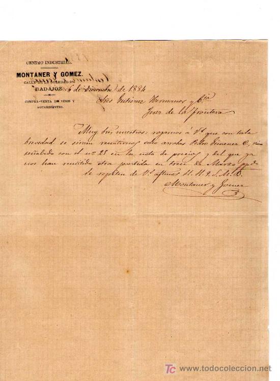 Cartas comerciales: BADAJOZ. 1884. CARTA COMERCIAL DE CENTRO INDUSTRIAL. MONTANER Y GOMEZ.