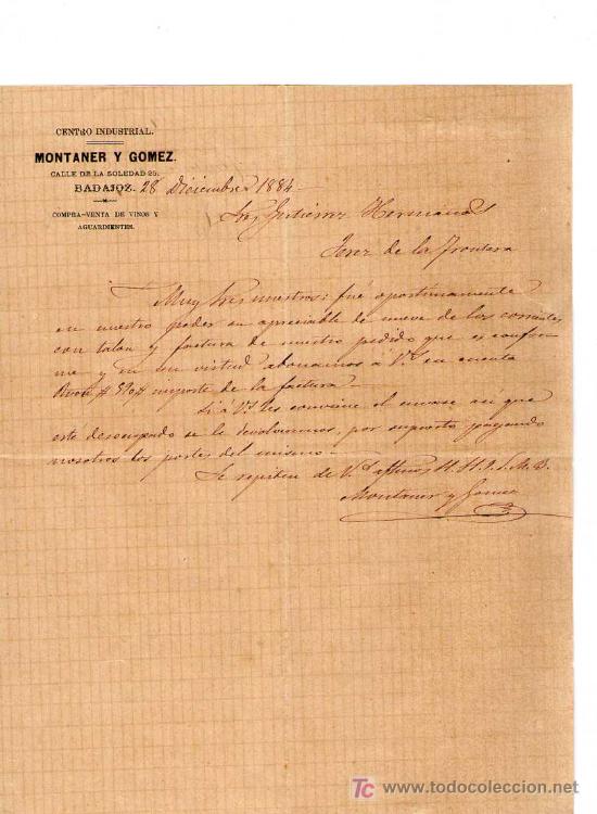 Cartas comerciales: BADAJOZ. 1884. CARTA COMERCIAL DE CENTRO INDUSTRIAL. MONTANER Y GOMEZ.