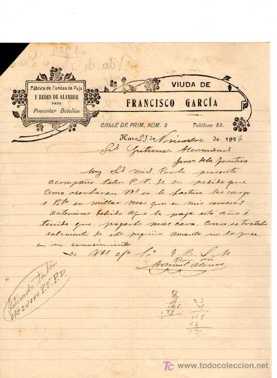 Cartas comerciales: HARO. 1927. CARTA COMERCIAL DE FABRICA DE FUNDAS DE PAJA. VDA. DE FRANCISCO GARCIA.