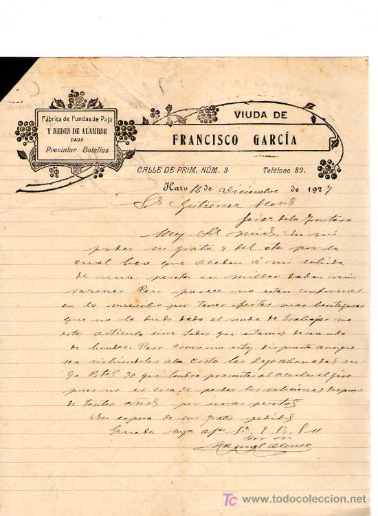Cartas comerciales: HARO. 1927. CARTA COMERCIAL DE FABRICA DE FUNDAS DE PAJA. VDA. DE FRANCISCO GARCIA.