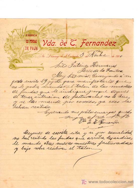 Cartas comerciales: SANTO DOMIINGO DE LA CALZADA. 1910. CARTA COMERCIAL DE FABRICA DE FUNDAS DE PAJA PARA BOTELLAS.