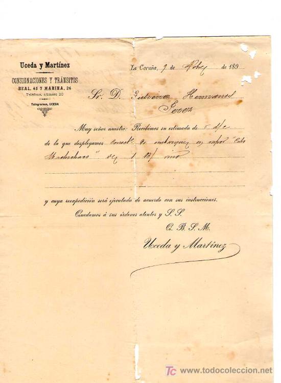 Cartas comerciales: LA CORU&Ntilde;A. 1890. CARTA COMERCIAL DE CONSIGNACIONES Y TRANSITOS. UCEDA Y MARTINEZ.