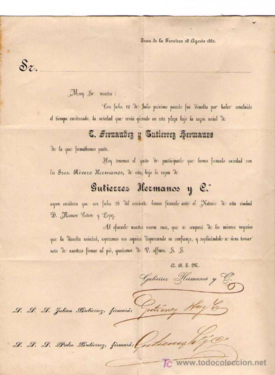 Cartas comerciales: JEREZ DE LA FRONTERA ( CADIZ). 1882. CARTA COMERCIAL DE GUTIERREZ Y HERMANOS.