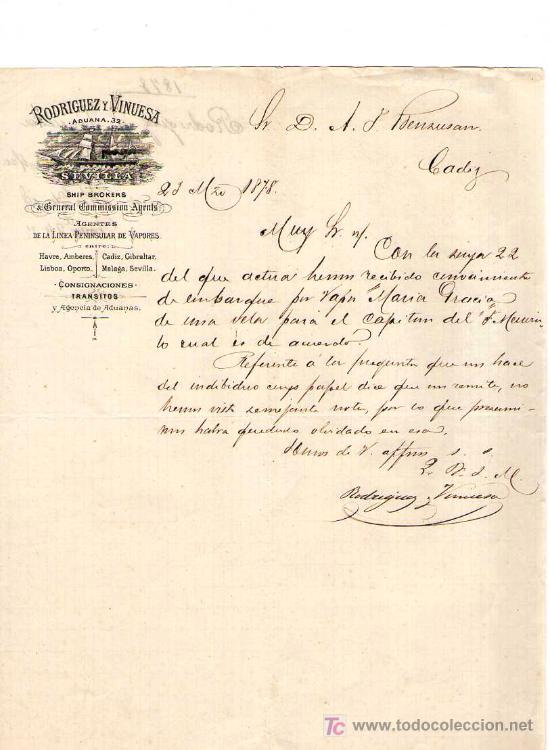 Cartas comerciales: SEVILLA. 1878. CARTA COMERCIAL DE AGENTES DE LA LINEA PENINSULAR DE VAPORES. RODRIGUEZ Y VINUESA.