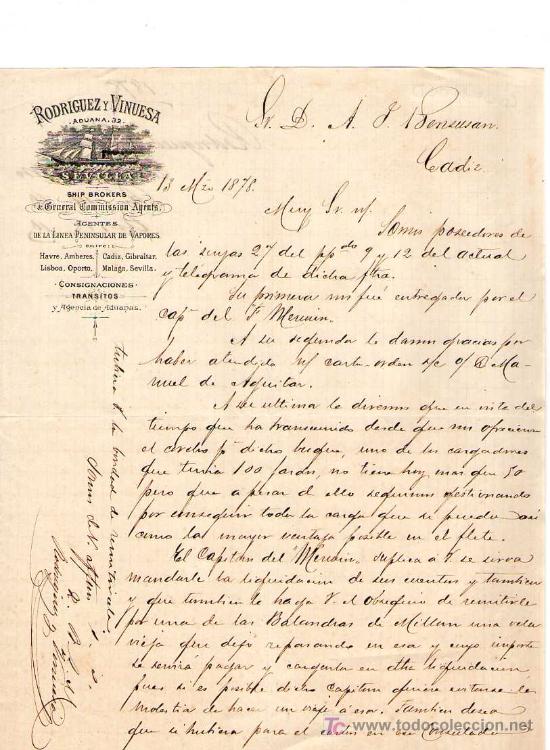 Cartas comerciales: SEVILLA. 1878. CARTA COMERCIAL DE AGENTES DE LA LINEA PENINSULAR DE VAPORES. RODRIGUEZ Y VINUESA.