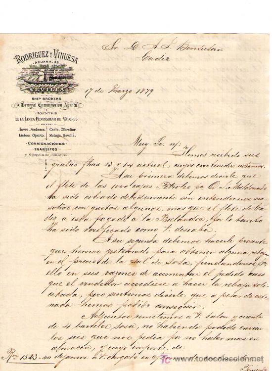 Cartas comerciales: SEVILLA. 1879. CARTA COMERCIAL DE AGENTES DE LA LINEA PENINSULAR DE VAPORES. RODRIGUEZ Y VINUESA.