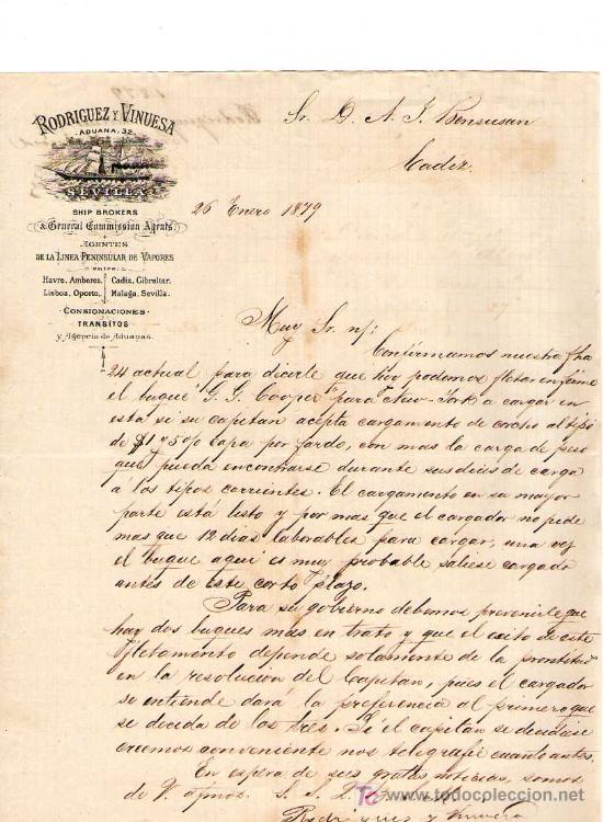 Cartas comerciales: SEVILLA. 1879. CARTA COMERCIAL DE AGENTES DE LA LINEA PENINSULAR DE VAPORES. RODRIGUEZ Y VINUESA.