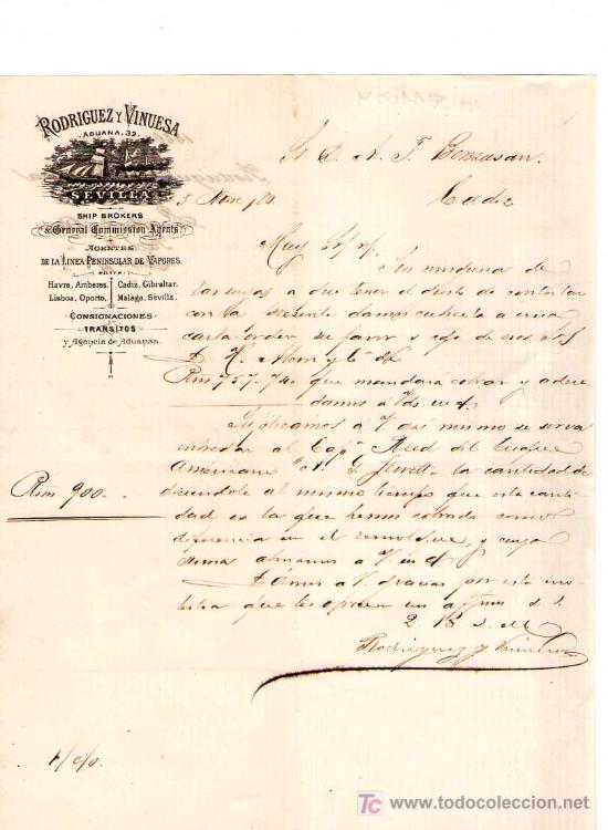 Cartas comerciales: SEVILLA. 1880. CARTA COMERCIAL DE AGENTES DE LA LINEA PENINSULAR DE VAPORES. RODRIGUEZ Y VINUESA.