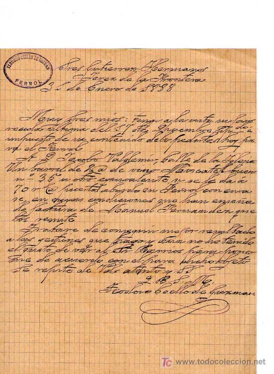 Cartas comerciales: FERROL. 1888. CARTA COMERCIAL DE TEODORO COELLO DE GUIZAR.