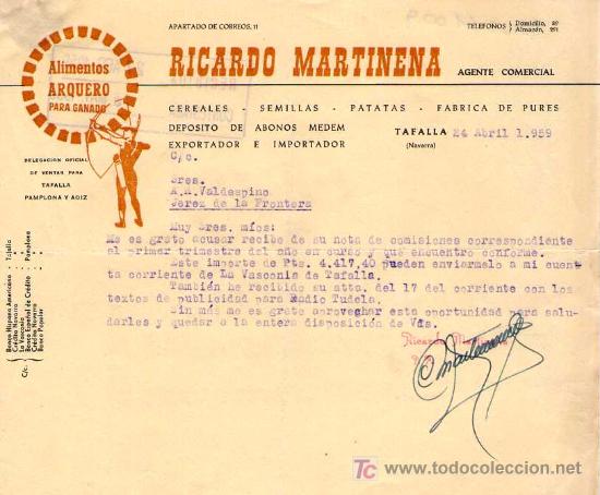 Cartas comerciales: TAFALLA ( NAVARRA). 1959. CARTA COMERCIAL DE ALIMENTOS ARQUERO PARA GANADO. RICARDO MARTINENA.