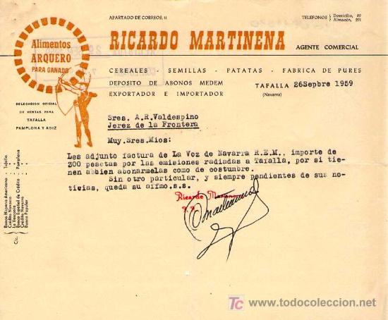 Cartas comerciales: TAFALLA ( NAVARRA). 1959. CARTA COMERCIAL DE ALIMENTOS ARQUERO PARA GANADO. RICARDO MARTINENA.