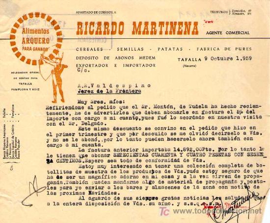 Cartas comerciales: TAFALLA ( NAVARRA). 1959. CARTA COMERCIAL DE ALIMENTOS ARQUERO PARA GANADO. RICARDO MARTINENA.
