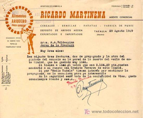 Cartas comerciales: TAFALLA ( NAVARRA). 1959. CARTA COMERCIAL DE ALIMENTOS ARQUERO PARA GANADO. RICARDO MARTINENA.