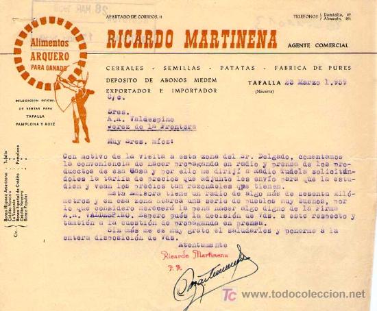 Cartas comerciales: TAFALLA ( NAVARRA). 1959. CARTA COMERCIAL DE ALIMENTOS ARQUERO PARA GANADO. RICARDO MARTINENA.