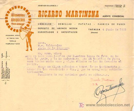 Cartas comerciales: TAFALLA ( NAVARRA). 1959. CARTA COMERCIAL DE ALIMENTOS ARQUERO PARA GANADO. RICARDO MARTINENA.