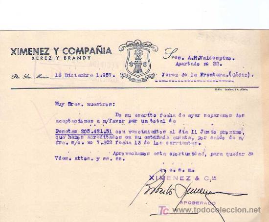 Cartas comerciales: PUERTO DE SANTA MARIA ( CADIZ). 1957. CARTA COMERCIAL DE XEREZ Y BRANDY. XIMENEZ Y COMPA&Ntilde;IA.