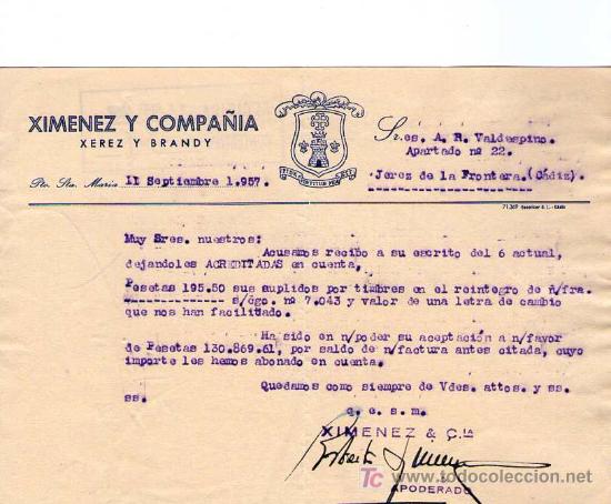 Cartas comerciales: PUERTO DE SANTA MARIA ( CADIZ). 1957. CARTA COMERCIAL DE XEREZ Y BRANDY. XIMENEZ Y COMPA&Ntilde;IA.
