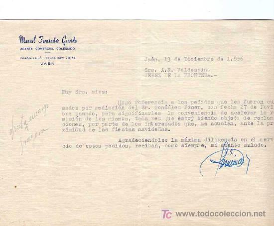Cartas comerciales: JAEN. 1956. CARTA COMERCIAL DE AGENTE COMERCIAL COLEGIADO. MANUEL FERNANDEZ GARRIDO.
